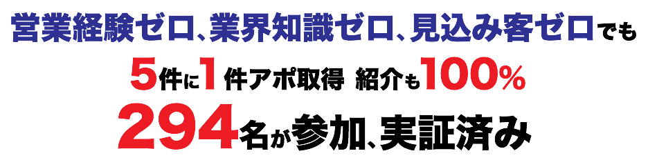 営業経験ゼロ、業界知識ゼロ、見込み客ゼロでも 5件に1件アポ取得 紹介も100％ 294名が参加、実証済み